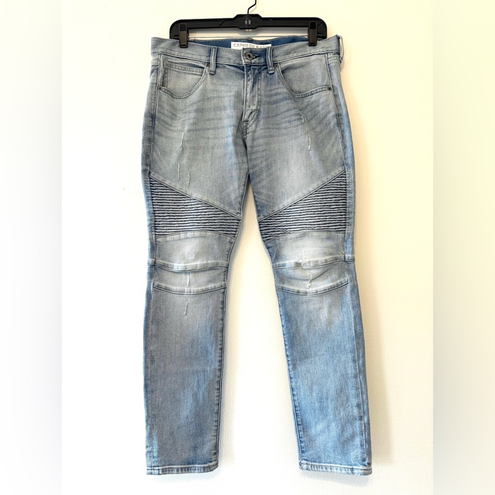 Express Alec Super Skinny Moto Biker Jeans Light Wash 32x30